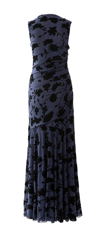 Donkerblauwe jurk met velvet bloemenprint Cosmos Rails
