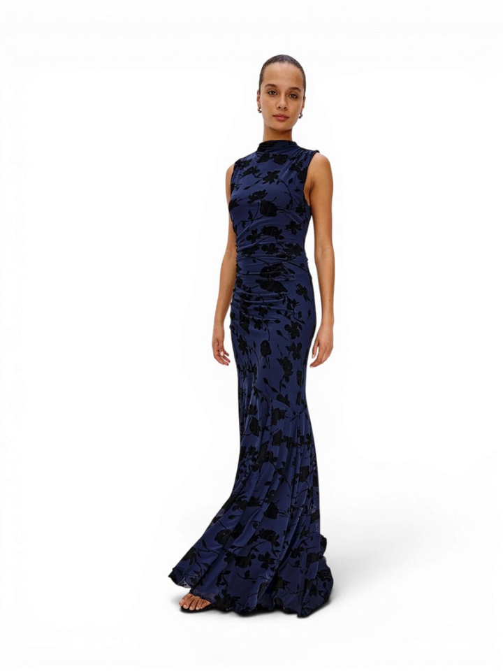Donkerblauwe jurk met velvet bloemenprint Cosmos Rails