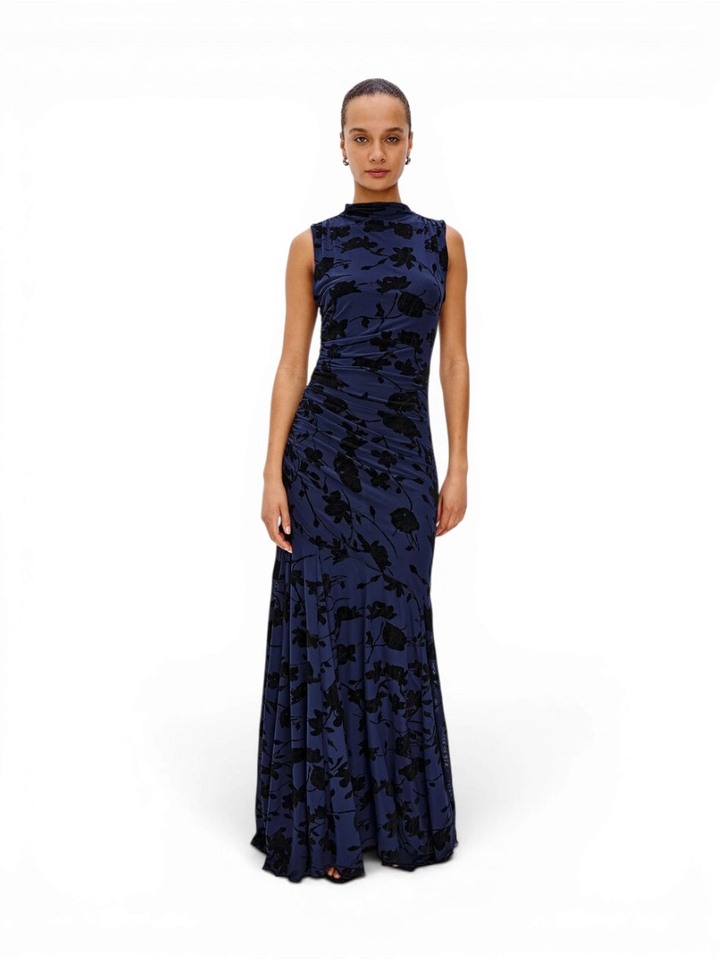 Donkerblauwe jurk met velvet bloemenprint Cosmos Rails
