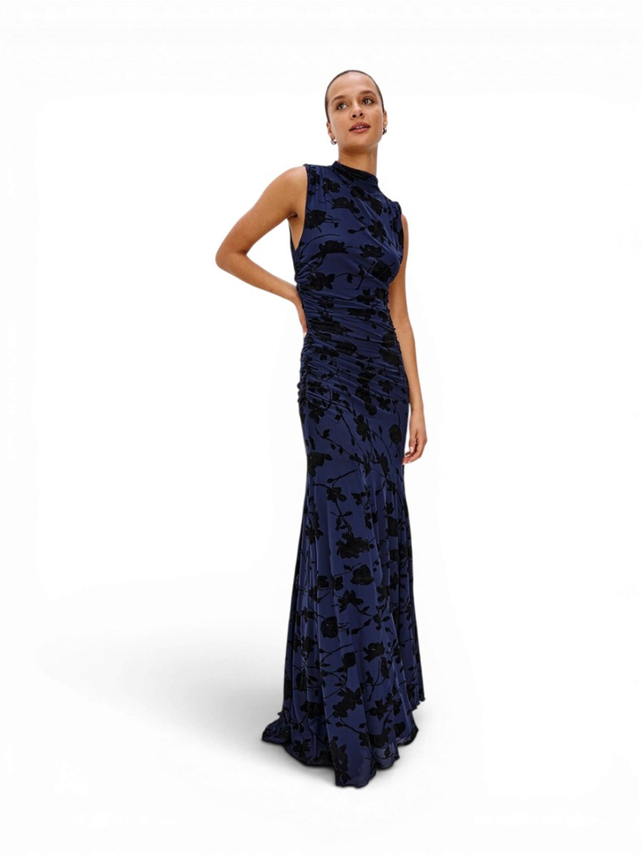 Donkerblauwe jurk met velvet bloemenprint Cosmos Rails