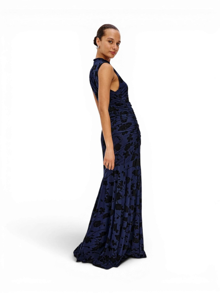Donkerblauwe jurk met velvet bloemenprint Cosmos Rails