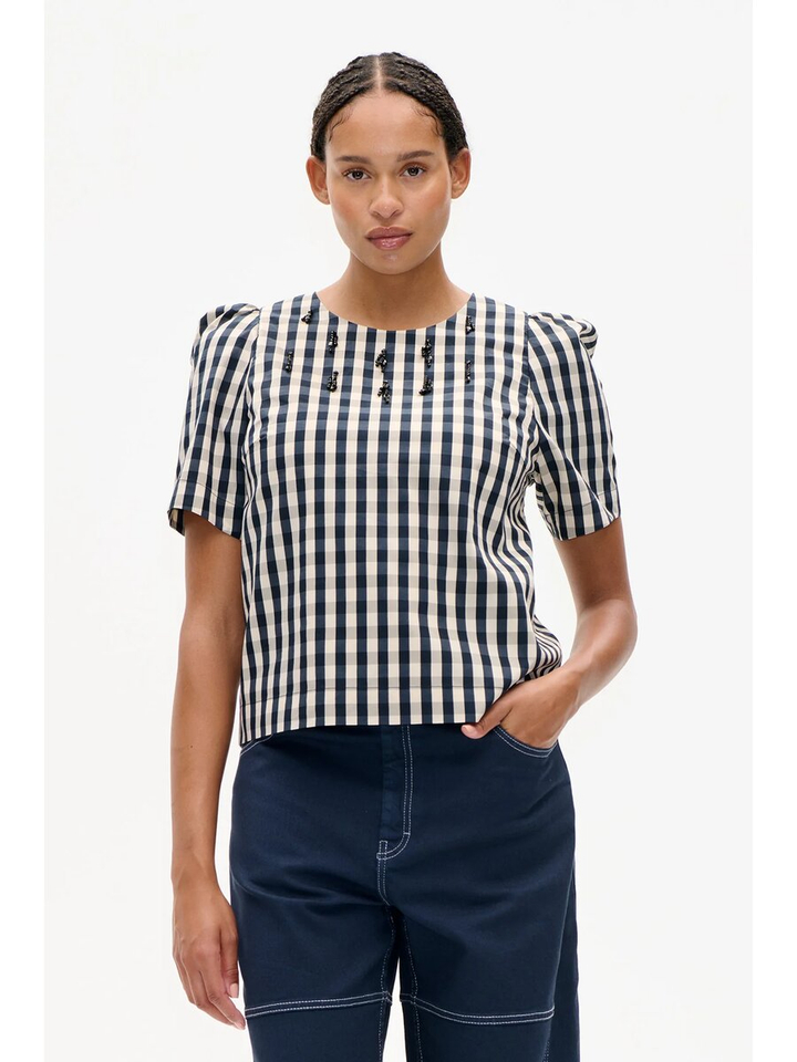 Zwart ecru geruite bloes met parel detail Baum Und Pferdgarten