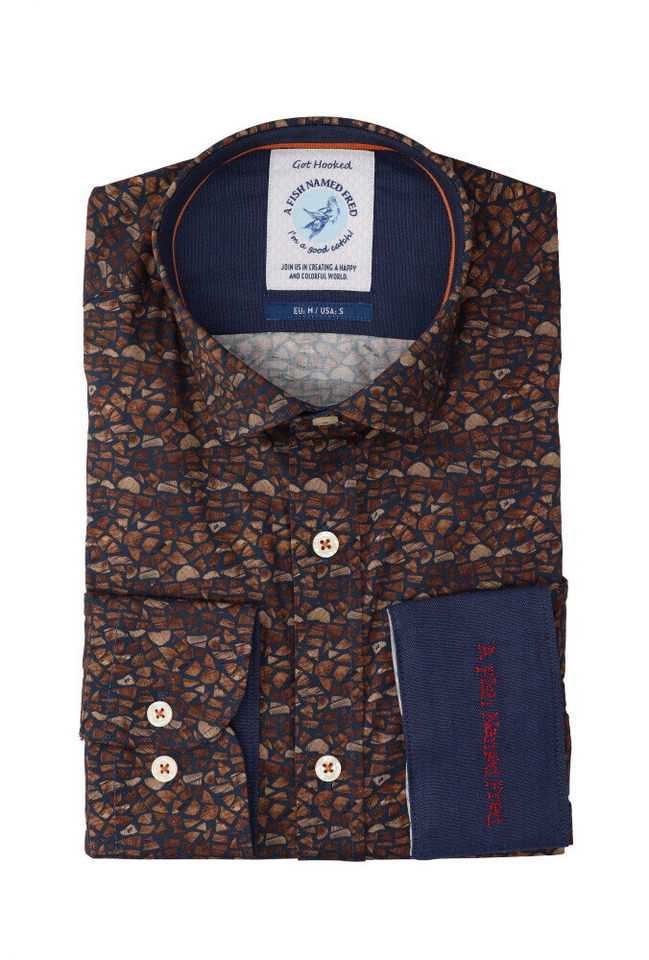 Donkerblauw katoenen hemd ( regular fit) met houtblokken en lange mouwen A Fish Named Fred