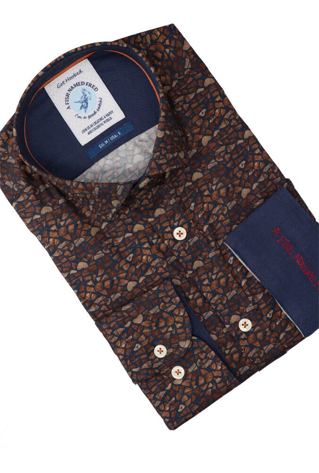 Donkerblauw katoenen hemd ( regular fit) met houtblokken en lange mouwen A Fish Named Fred