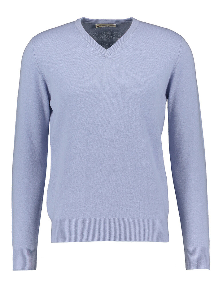 Lichtblauwe trui met v-hals in kasjmier Cashmere Company