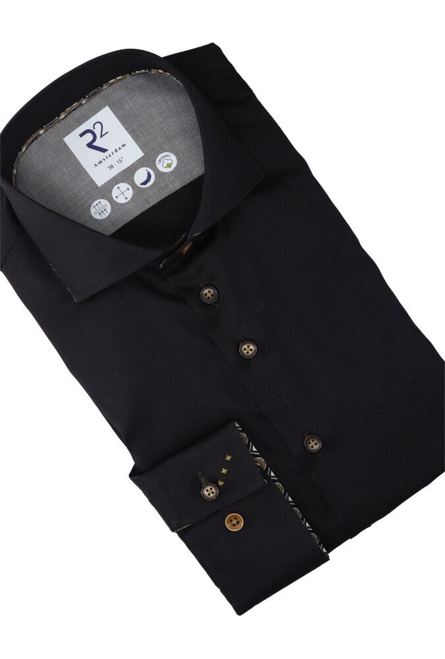 Zwart katoenen hemd ( regular fit) met lange mouwen R2