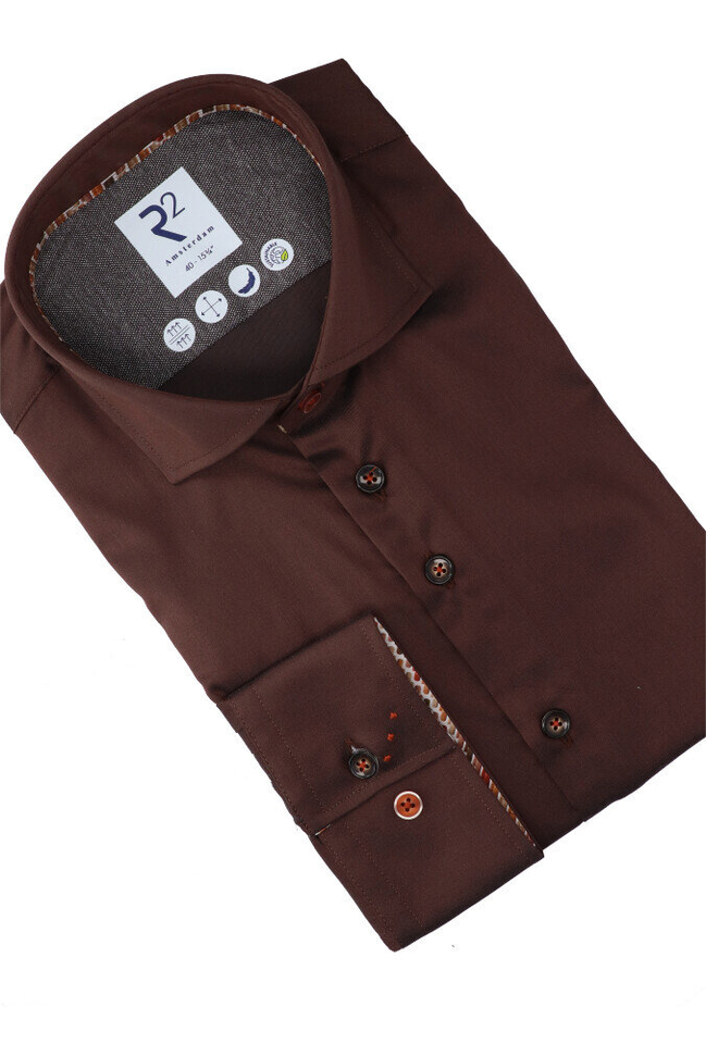 Bruin katoenen hemd ( regular fit) en lange mouwen R2