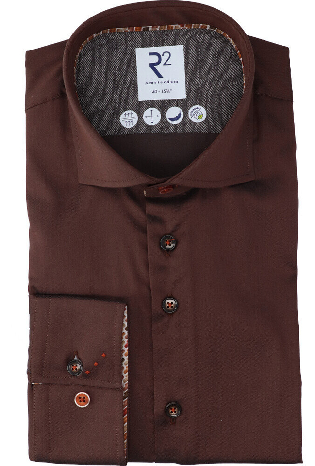 Bruin katoenen hemd ( regular fit) en lange mouwen R2