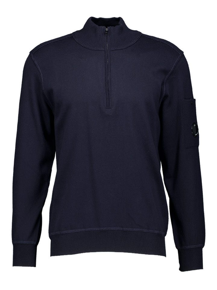 Blauwe trui met rits en zakje op mouw CP Company