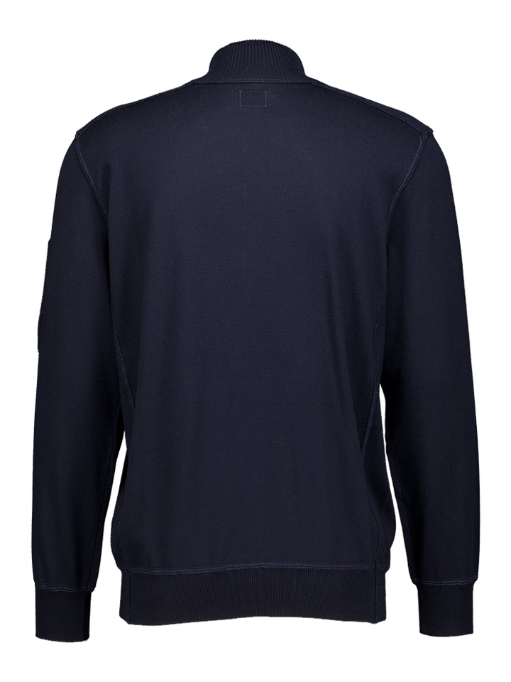 Blauwe trui met rits en zakje op mouw CP Company
