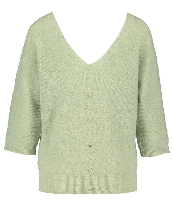 Muntgroene pull met ronde hals vooraan en V-hals achteraan Marie Mero