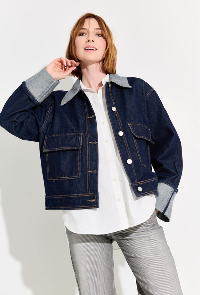 Donkerblauwe jeansjas met detailkraag en detailmouwen Yasmaria Y.A.S