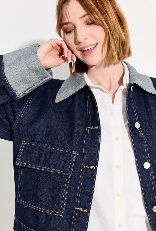 Donkerblauwe jeansjas met detailkraag en detailmouwen Yasmaria Y.A.S