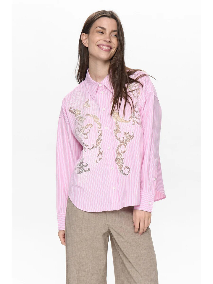 Roze gestreepte bloes met kant detail Nuvalerie Numph 