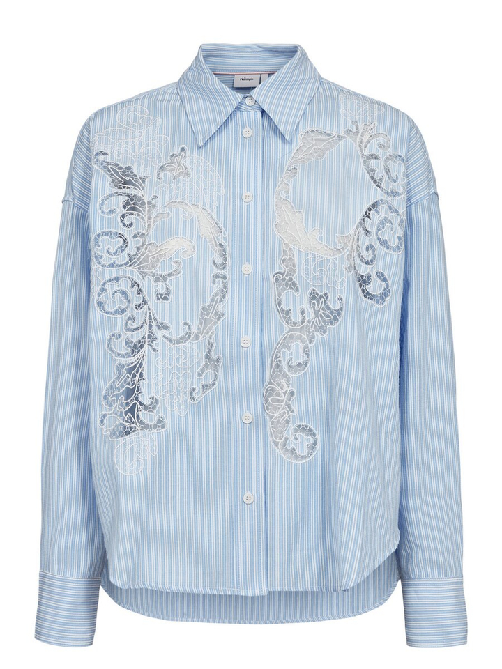 Blauwe gestreepte bloes met kant detail Nuvalerie Numph