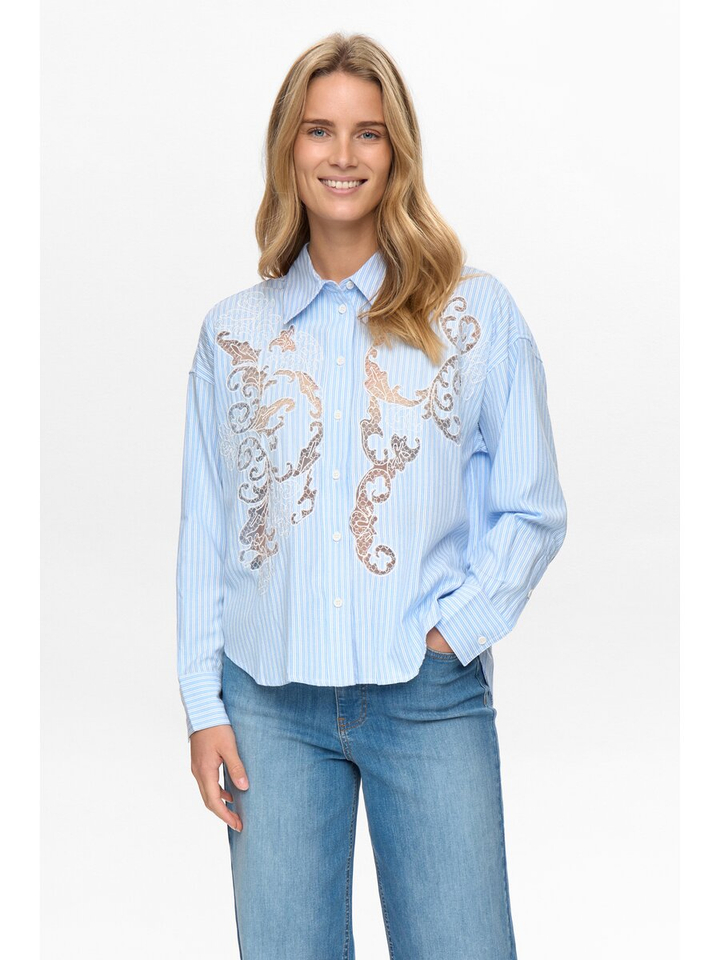 Blauwe gestreepte bloes met kant detail Nuvalerie Numph