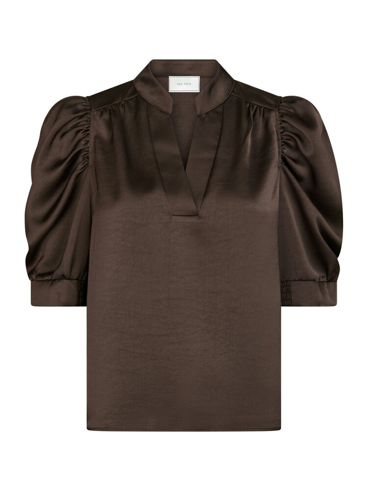 Donkerbruine blouse met V-hals en korte mouwen Roella Heavy Sateen Neo Noir
