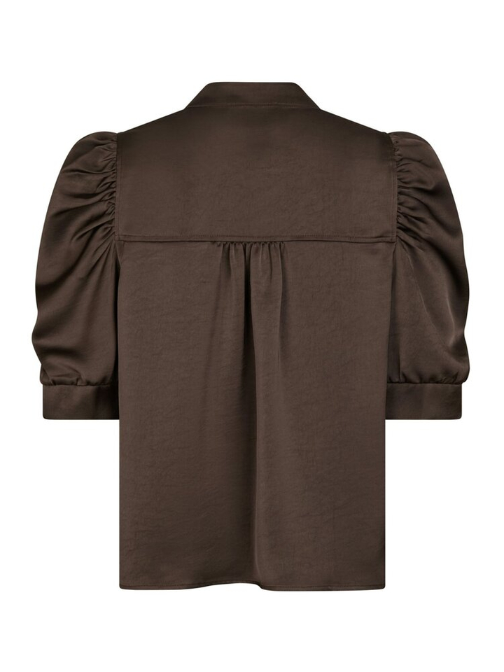Donkerbruine blouse met V-hals en korte mouwen Roella Heavy Sateen Neo Noir