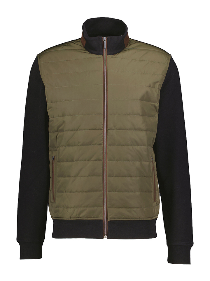 Kaki groene cardigan met rits en zwarte mouwen in sweaterstof Bugatti