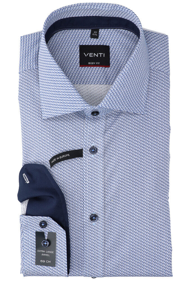 blauw katoenen hemd slim fit met bolletjesprint en extra lange mouwen Venti 