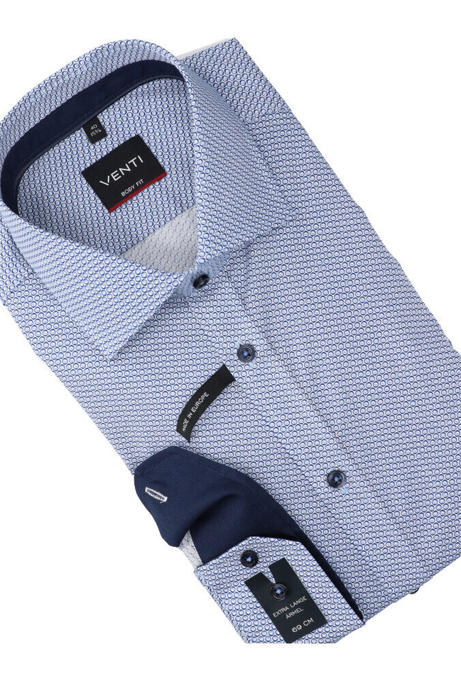 blauw katoenen hemd slim fit met bolletjesprint en extra lange mouwen Venti 