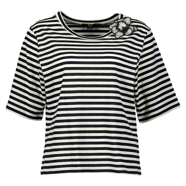Zwart ecru gestreepte t-shirt met bloem broche Seventy 