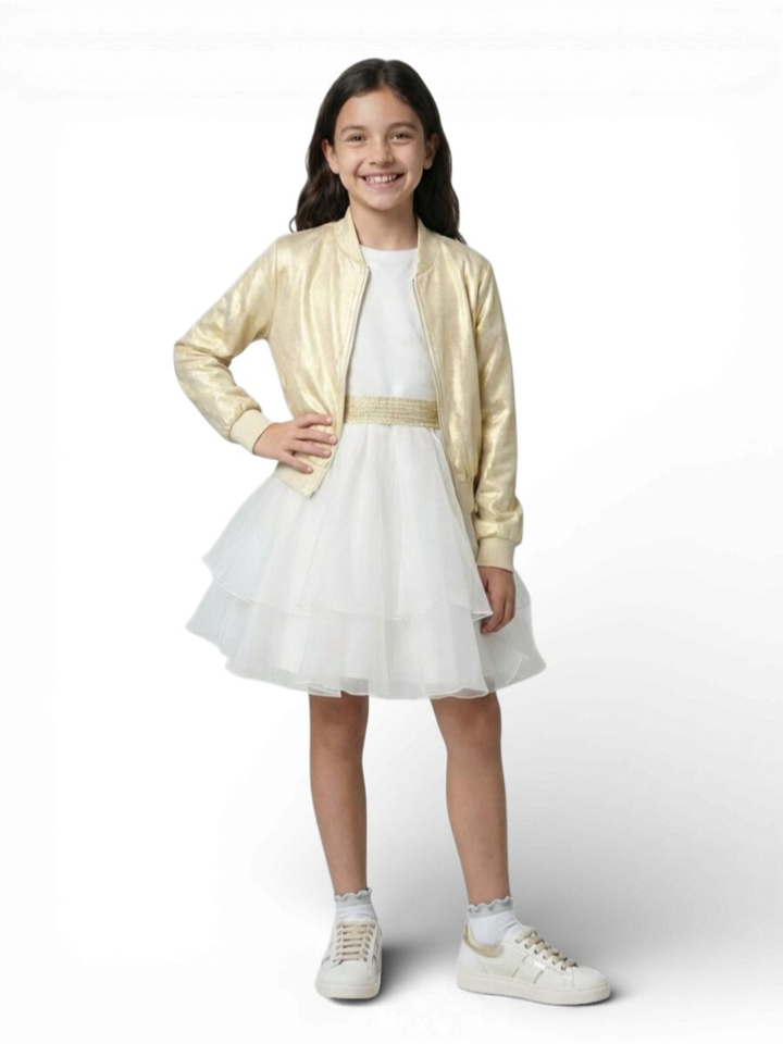 Witte jurk in tulle met goudkleurig gehaakt detail Diamante Blu