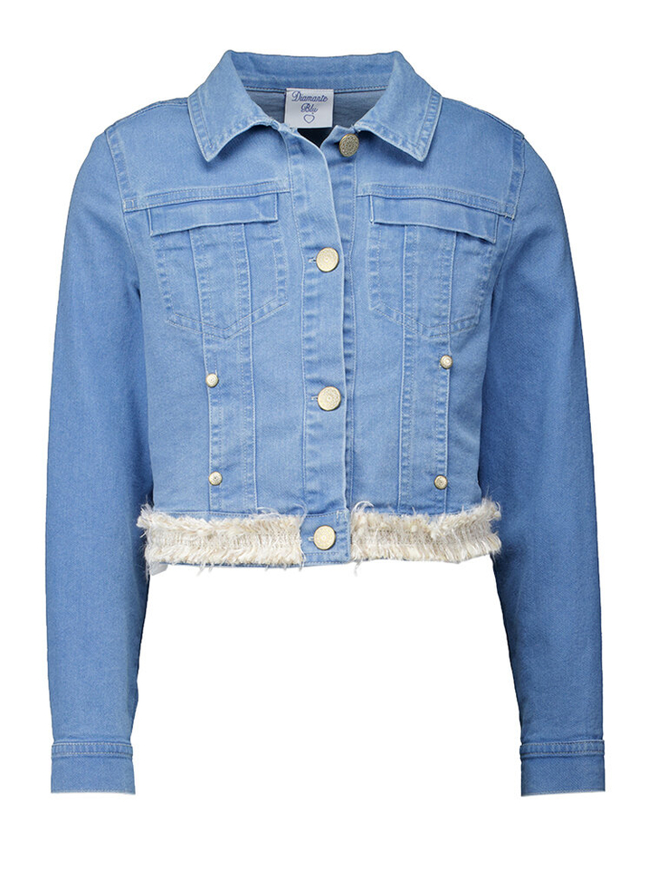 Blauwkleurig cropped jeansjasje met boho detail Rtb