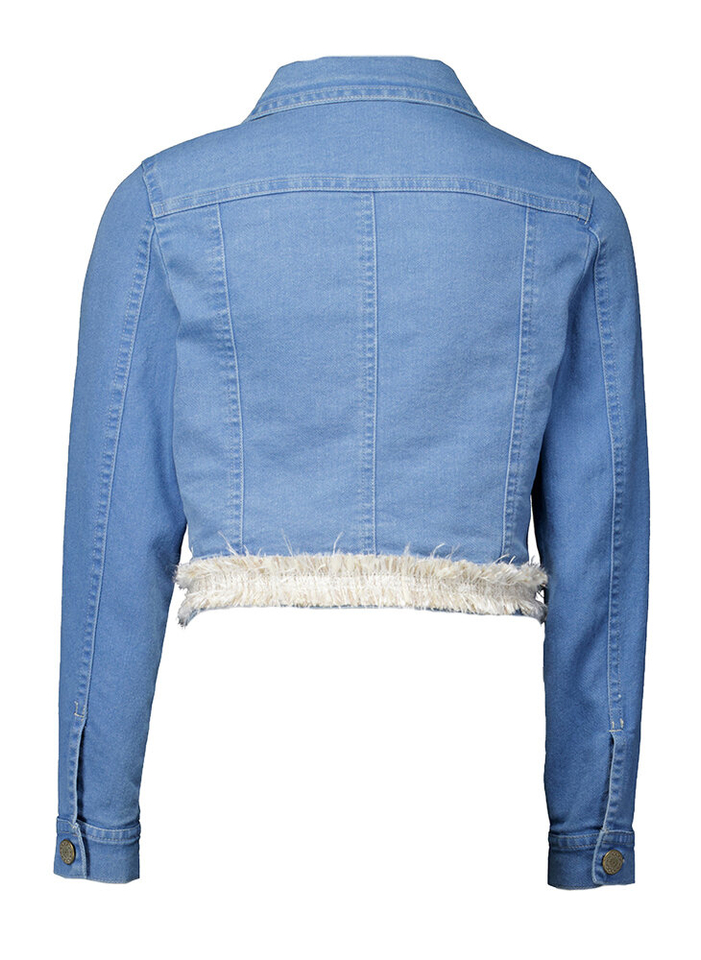 Blauwkleurig cropped jeansjasje met boho detail Rtb