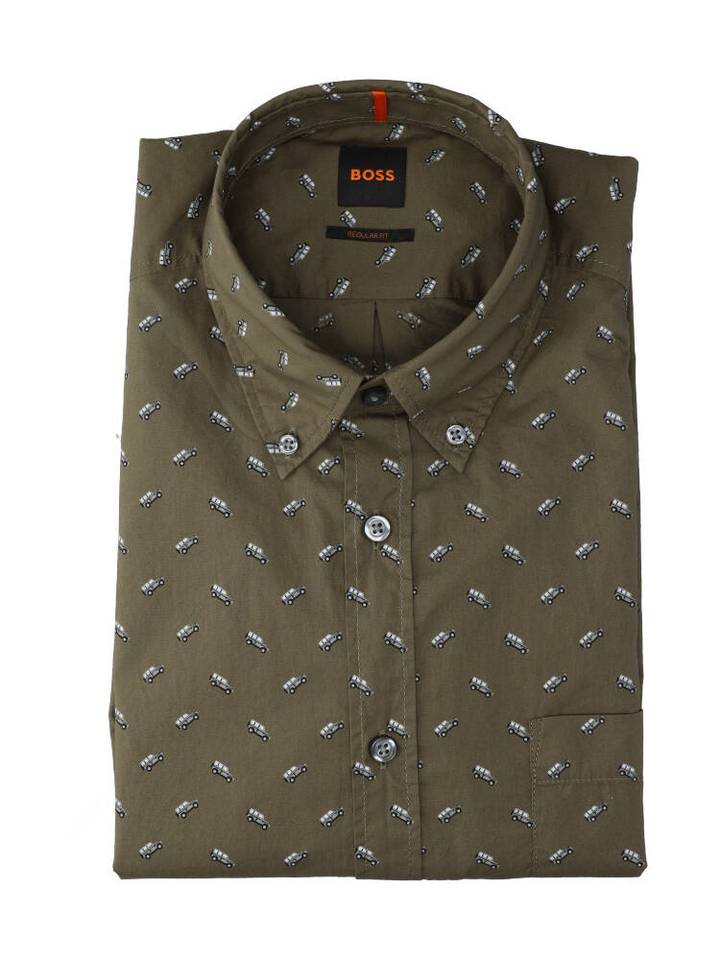 Kaki groen katoenen hemd met auto print (regular fit) met lange mouwen 