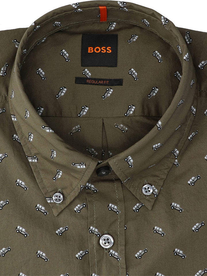 Kaki groen katoenen hemd met auto print (regular fit) met lange mouwen 