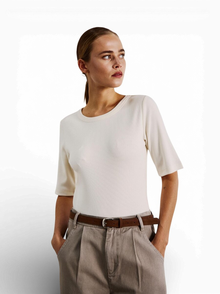 Ecru t-shirt met driekwart mouw Lullu Withblack