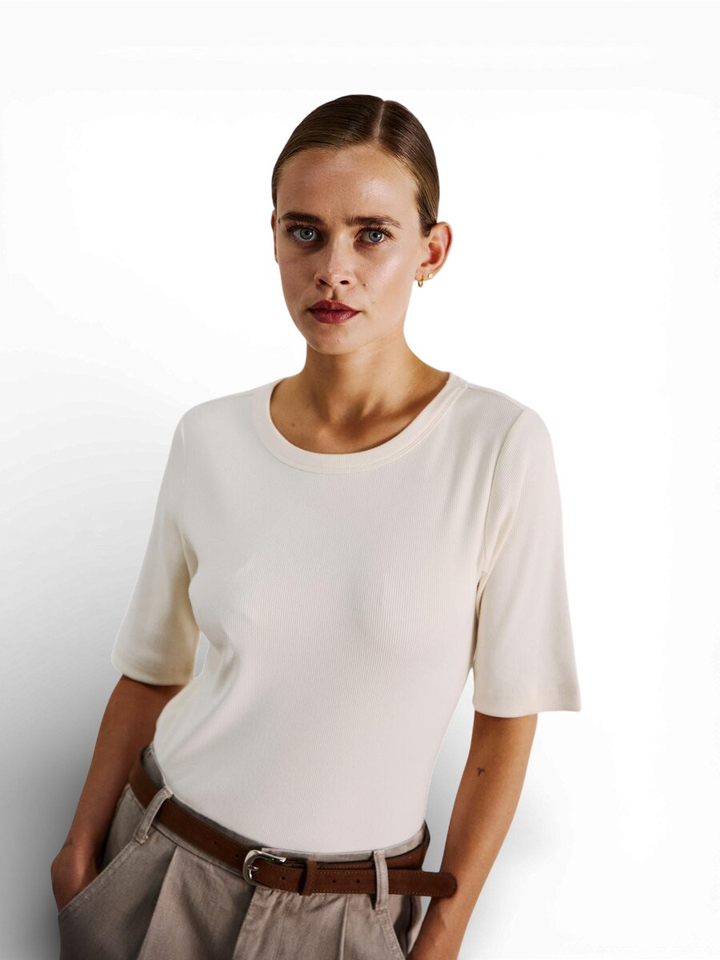 Ecru t-shirt met driekwart mouw Lullu Withblack