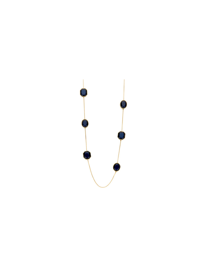 Donkerblauwe lange halsketting met ronde en hoekige harsstenen Les Cordes 