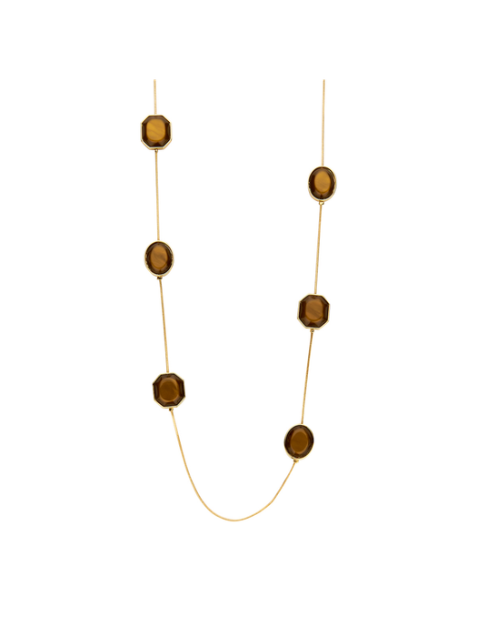 Bruine lange halsketting met ronde en hoekige harsstenen Les Cordes