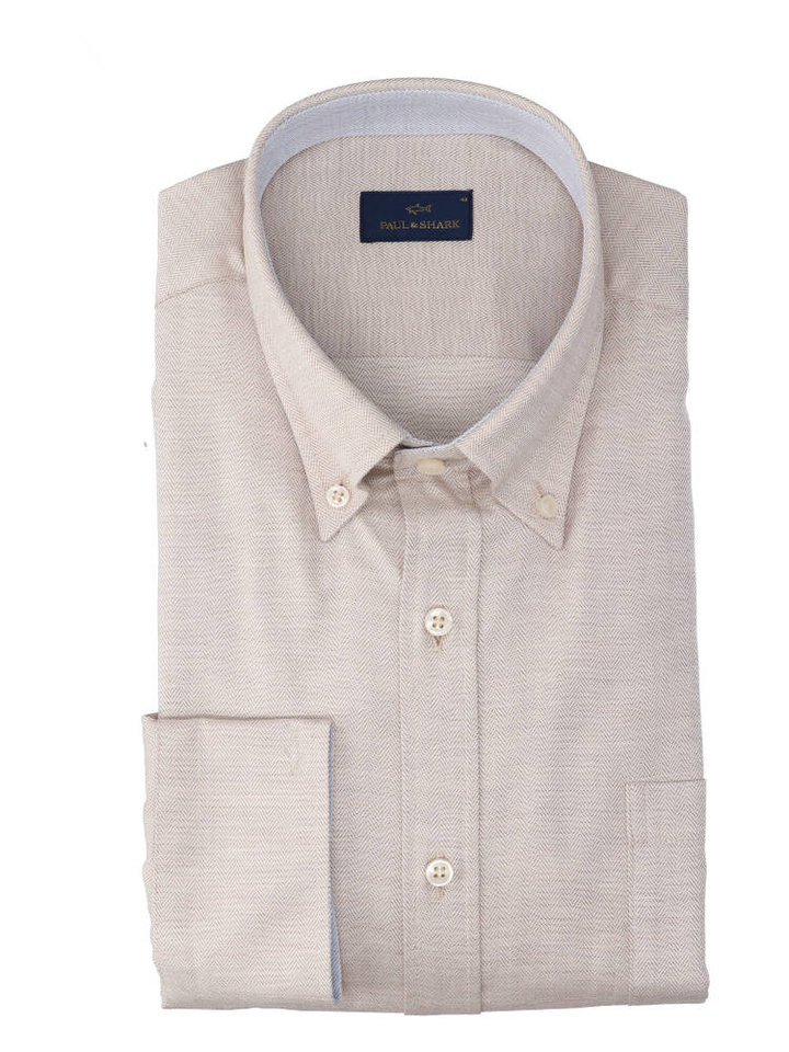 Beige katoenen hemd (slim fit) met visgraatmotief en lange mouwen Paul&Shark 