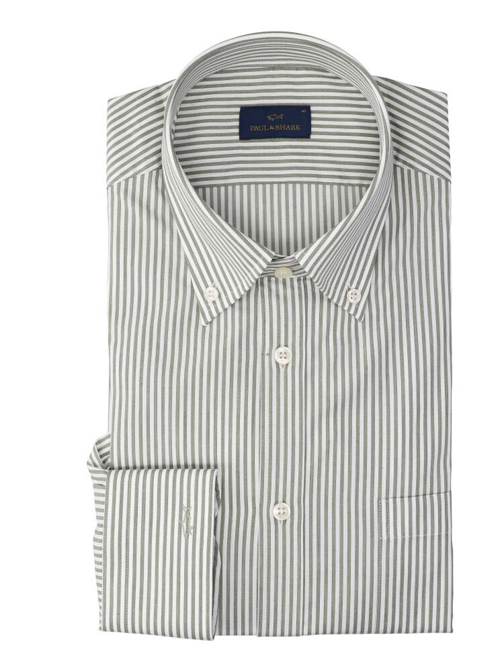 Wit katoenen hemd (regular fit) met groene strepen en lange mouwen Paul&Shark 