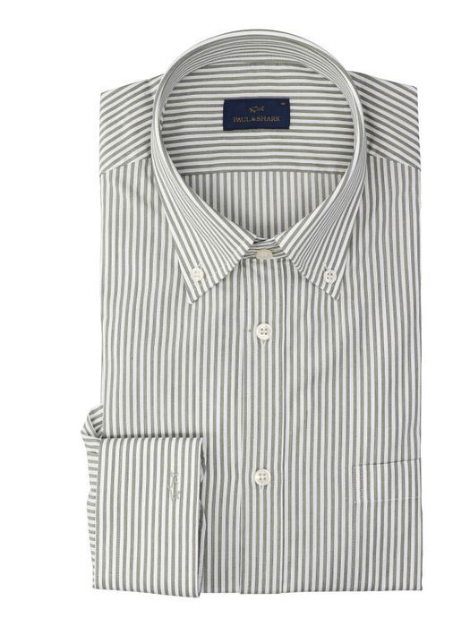 Wit katoenen hemd (regular fit) met groene strepen en lange mouwen Paul&Shark