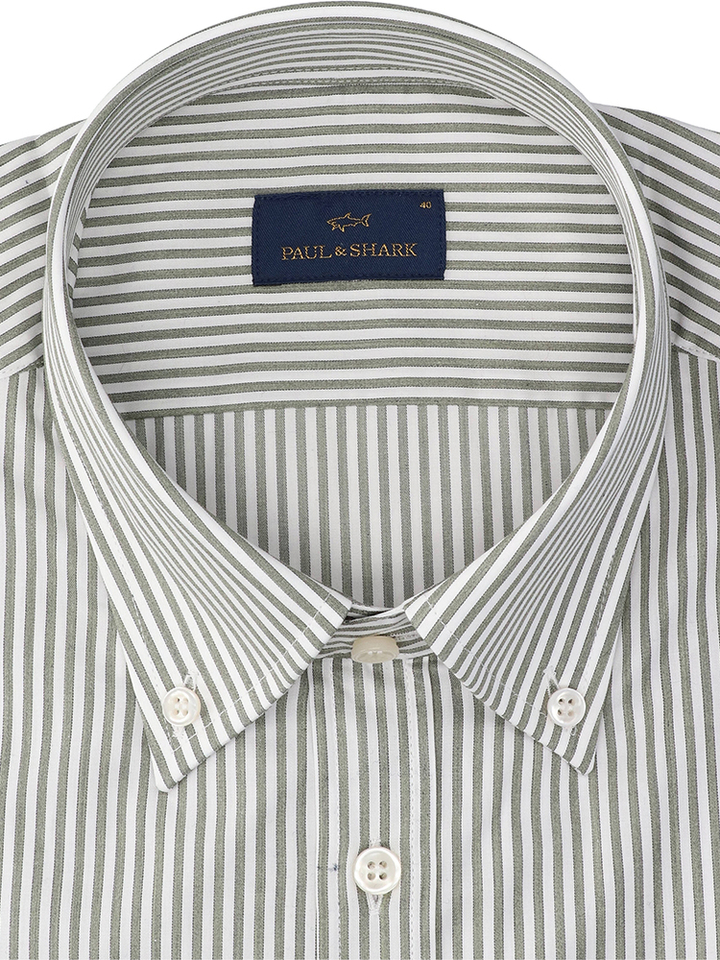 Wit katoenen hemd (regular fit) met groene strepen en lange mouwen Paul&Shark 