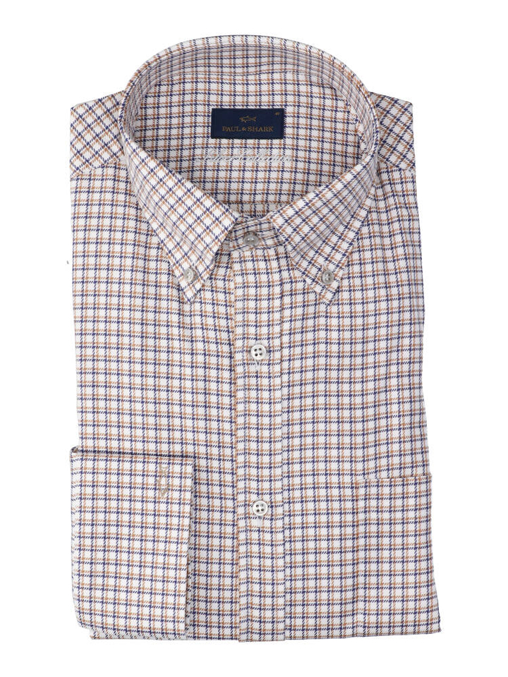 Beige/cognac katoenen hemd (regular fit ) met ruiten en lange mouwen Paul&Shark 