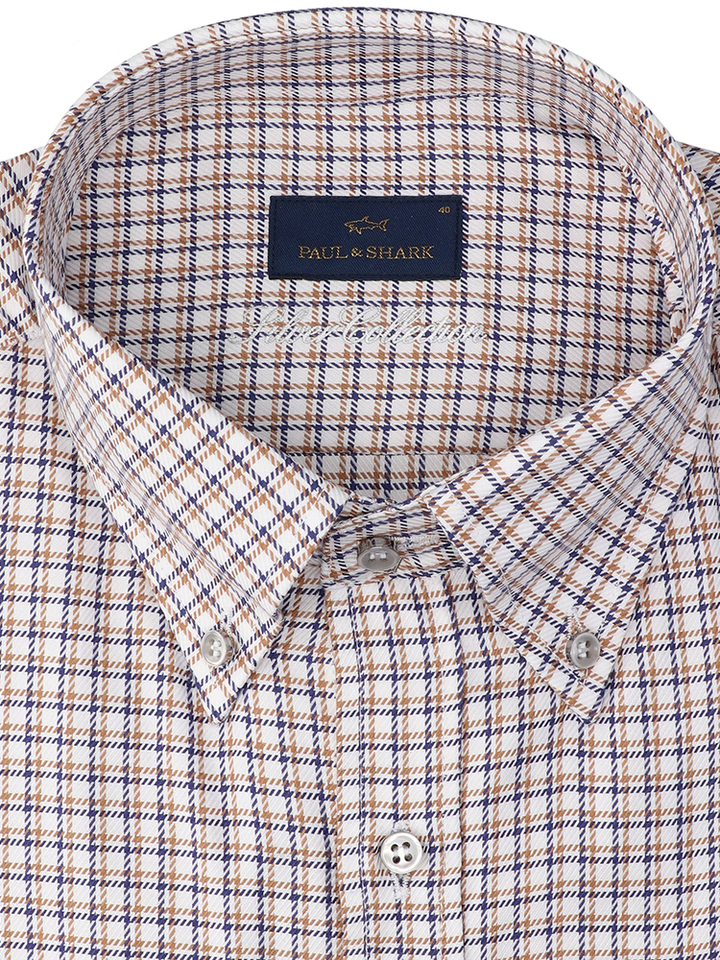 Beige/cognac katoenen hemd (regular fit ) met ruiten en lange mouwen Paul&Shark 