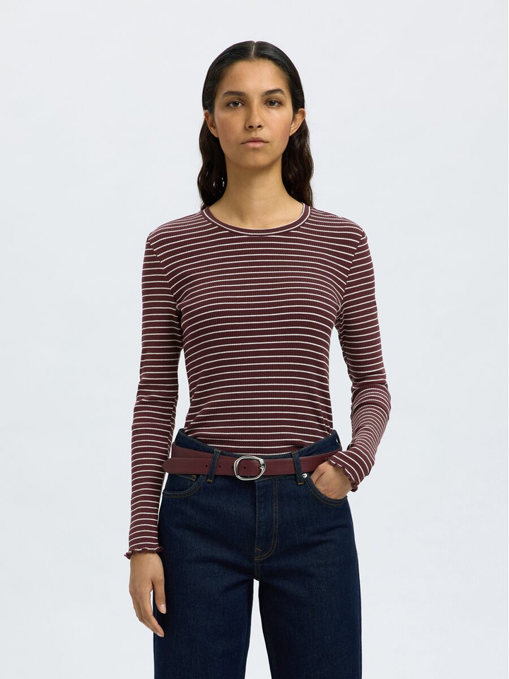 Bordeaux en wit gestreepte t-shirt met lange mouwen Selected