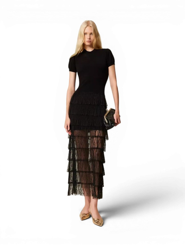 Zwart lang kleed met kanten rok Twinset Milano