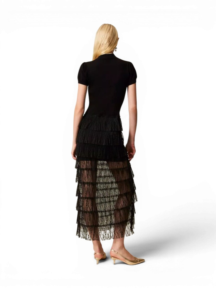 Zwart lang kleed met kanten rok Twinset Milano