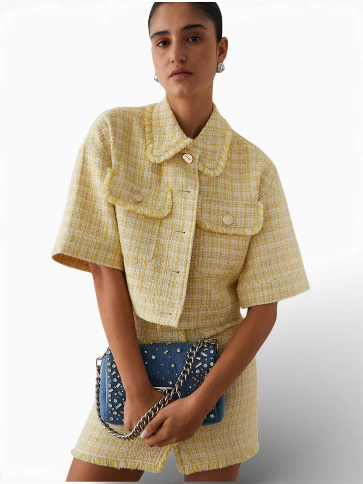 Geelkleurige korte jas van bouclé-stof Liu Jo 