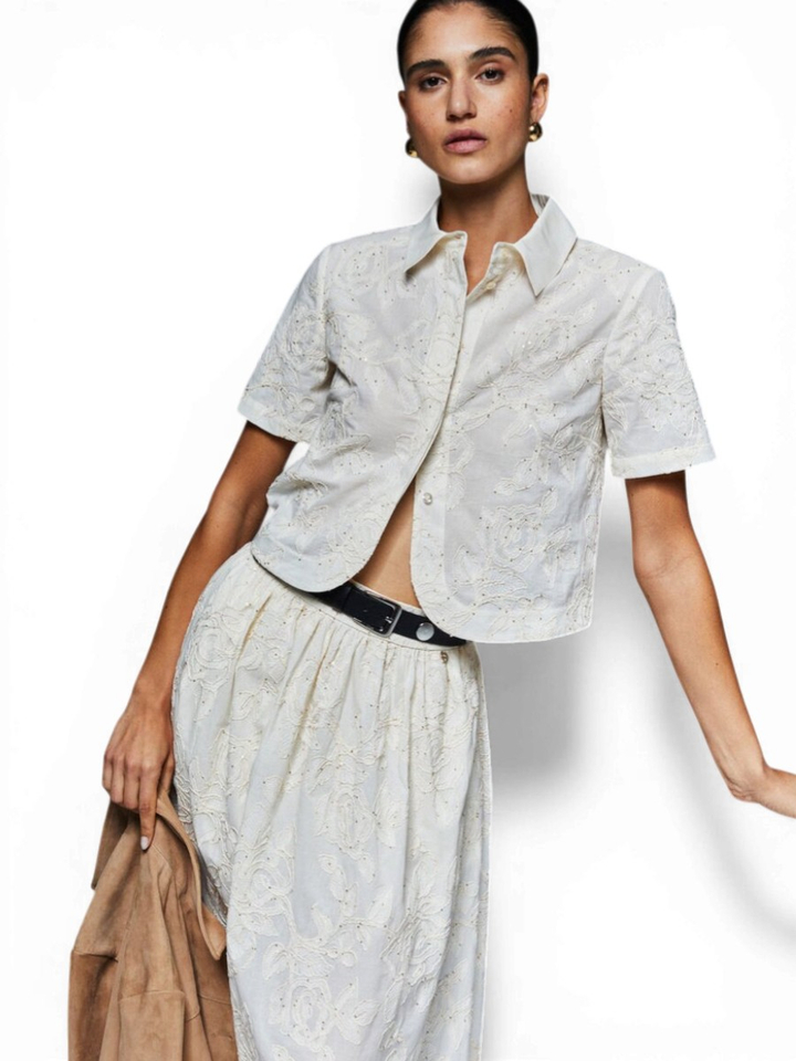 Ecru bloes met bloemen structuur en pailletten Liu Jo 