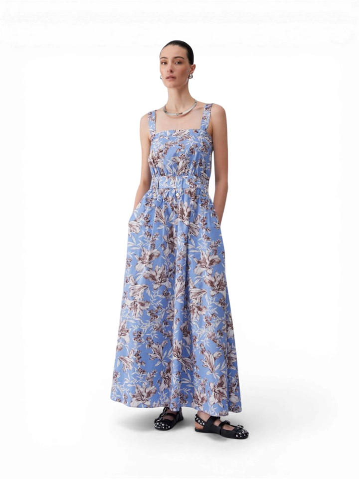 Blauwe lange jurk van popeline met bloemenprint Liu Jo