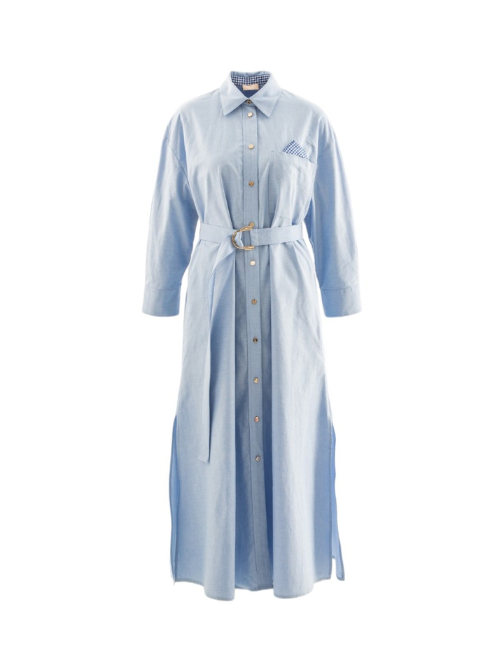 Blauwe katoenen lange jurk met kraag Liu Jo