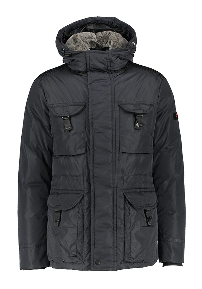 Donkerblauywe waterdichte jas met k-raag in imitatiebond Peutery