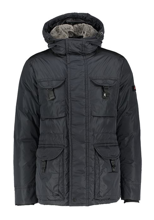 Donkerblauywe waterdichte jas met k-raag in imitatiebond Peutery